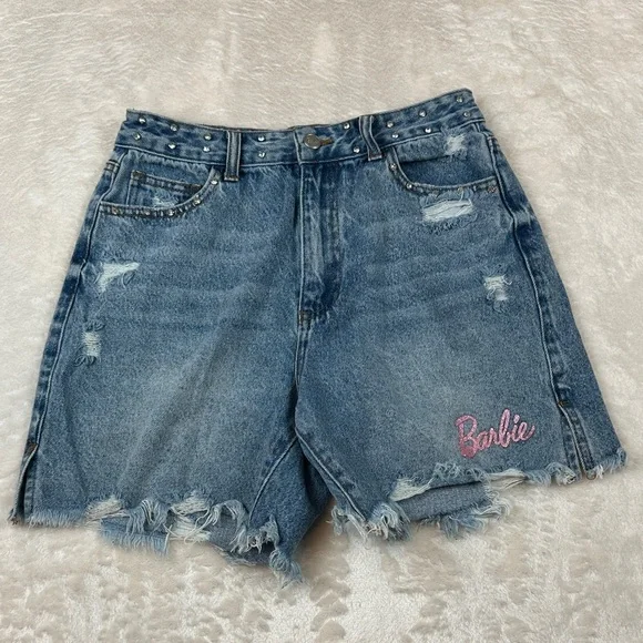 Barbie - Forever21 Blue Jean Shorts with Pink Logo - Bedazzled Gemstone Waist - Picture 1 of 8